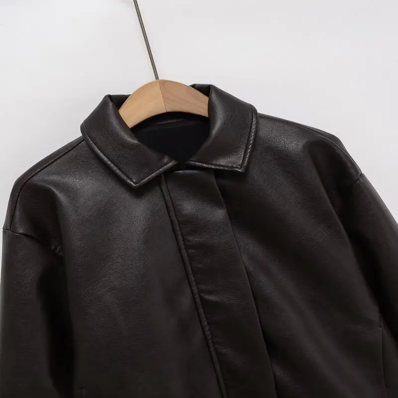 Fall 2025 Women's Leather Pilot Jaet Long Sve Turn-down Collar Outerwear Sli European Sle Ladies ort Coat