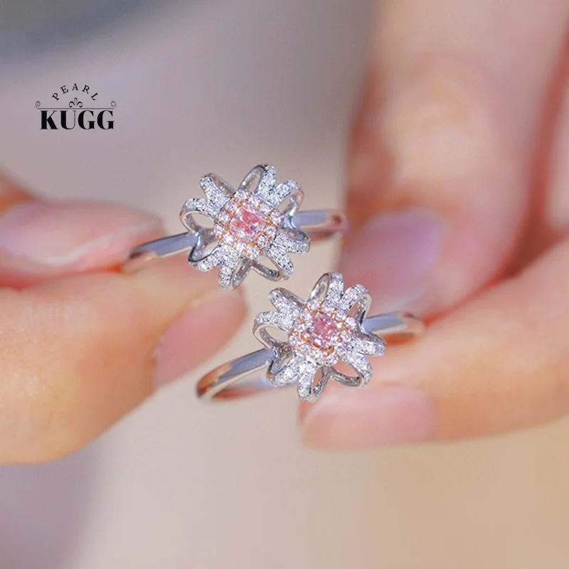 KUGG 100% 18K White Gold Rings Elegant Silk Ribbon Design Romantic Style Real Natural Pink Diamond Engagement Ring for Women