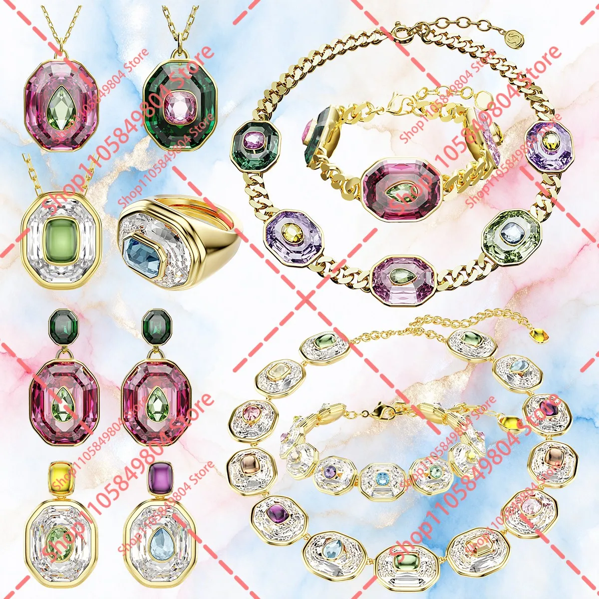 Chic Multi-Color Gemstone Motif Jewelry Set for Ladies, Matching Necklace Earring Bracelet Ring Kit for Evening Date Outfit