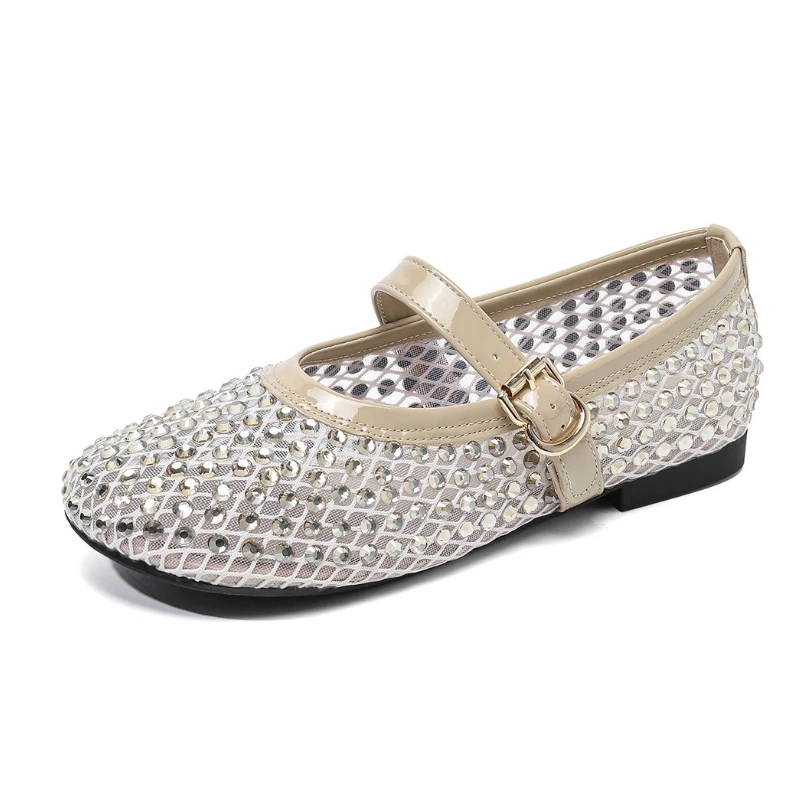 New style sequined net fabric breathable flat-bottomed strap-on Mary Jane women's ballet shoes