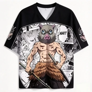 Demon Slayer Blade Mouth Hiraizu Mesh Shirt Black and White Manga Style Blade Fragments Surrounding Casual Wear Trendy Top