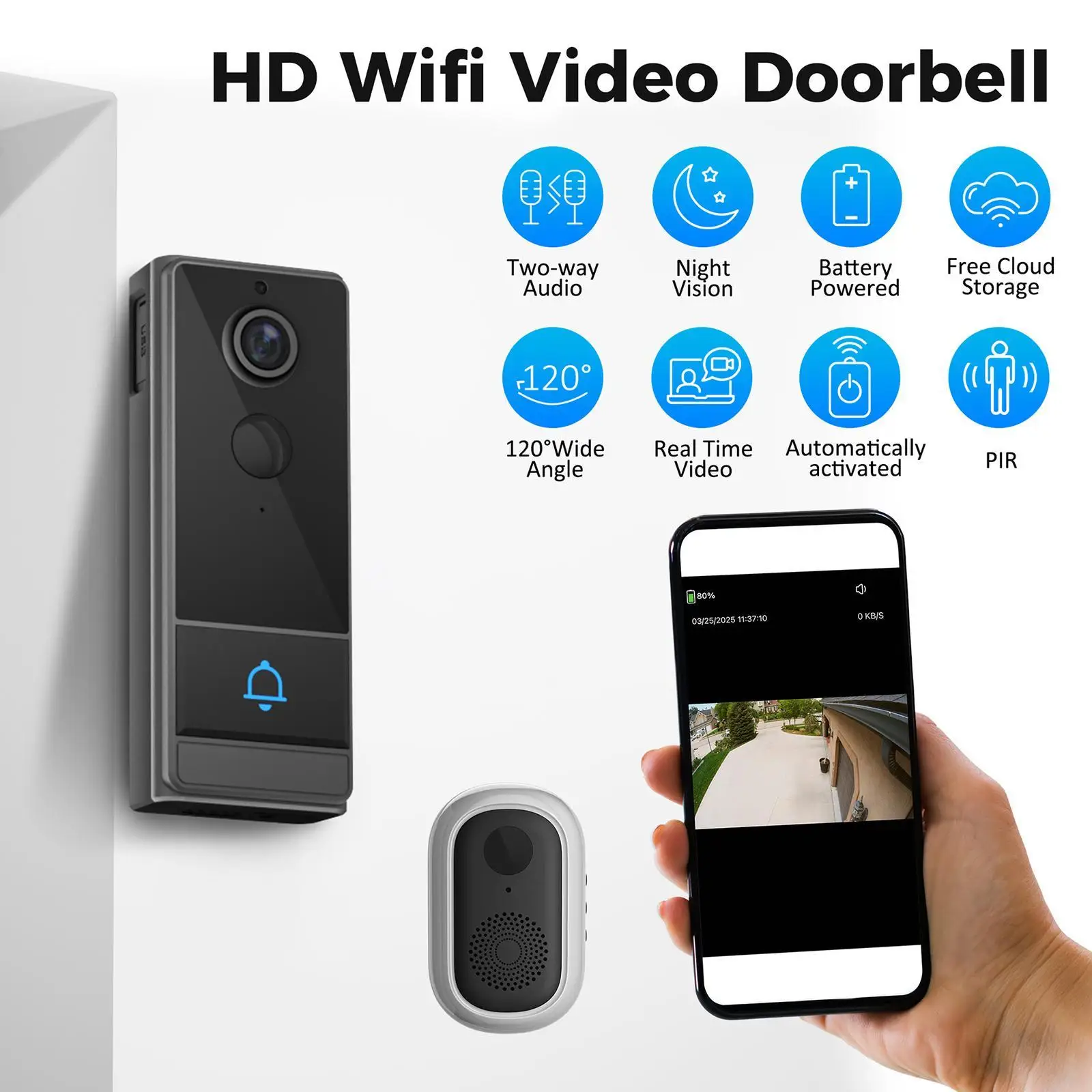 720P Video Doorbell Camera Wireless Live View Night Visible Accessories Home