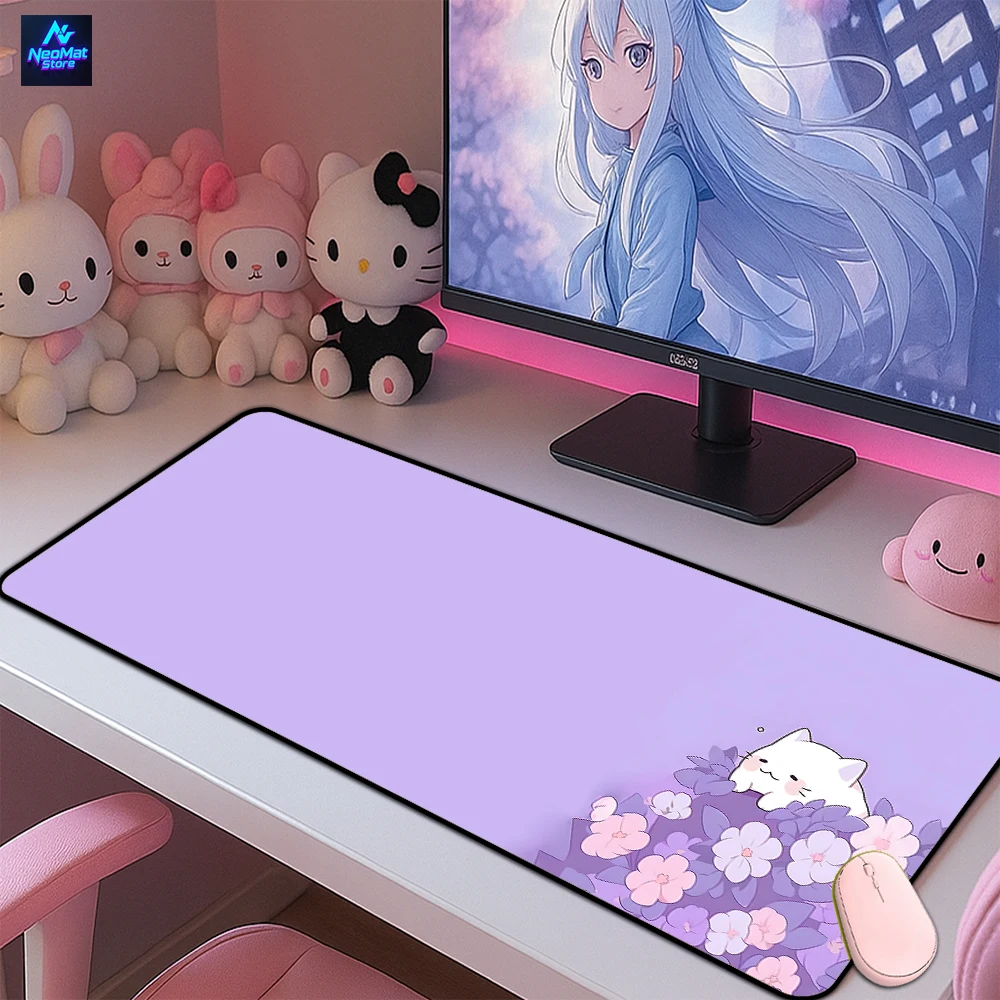 Purple Mousepad Cat Desk Accessories Cute Rug Kawaii Xxl Mouse Pad Keyboard Mat 800x300mm Office Table Mause Ped Custom Carpet