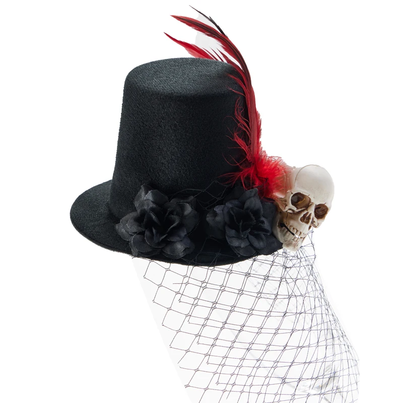 

Gothic Mini Top Hat Vintage Retro Rose Skull Feather Face Tulle Small Hats Lolita Halloween Headpiece