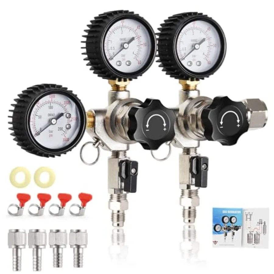 

MRbrew Keg CO2 Regulator Dual Output CGA-320 Keg Regulator Draft Beer Regulator Quick Disconnect Threaded End Fitting with 2 Sw