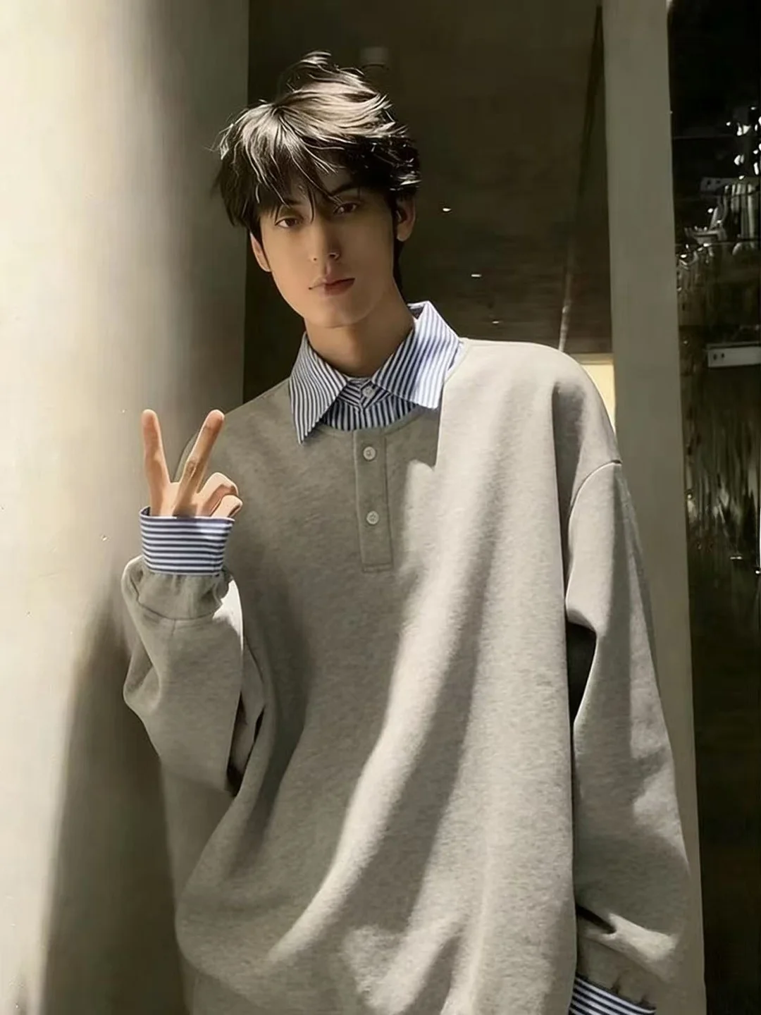 

Lazy Style Shirt Collar Long Sleeve Men's Hoodie Inner Wear Cleanfit Top Loose Fit Comfortable Student Couple Youth Fashion