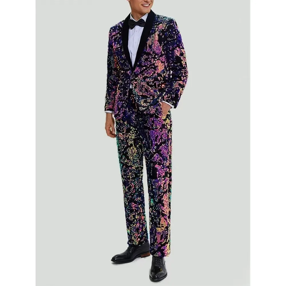 Colorful Purple Velvet Sequin Suit Men\'s Wedding Suits Banquet Host Singer Prom Concert Stage Performance Blazer Pants 2 Pieces