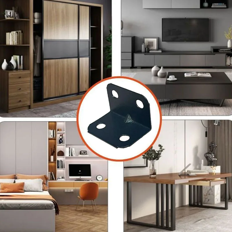 black metal corner codes, 90 degree fasteners, L-shaped brackets, tables, wardrobes, chairs, furniture cabinet corners