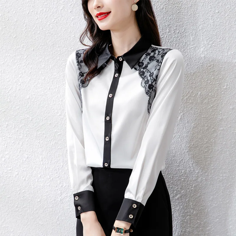 

Women Clothing Chic Embroidery Chiffon Shirts Long Sleeve Fashion Vintage Elegant Blouse Spring Single Breasted Commute Tops