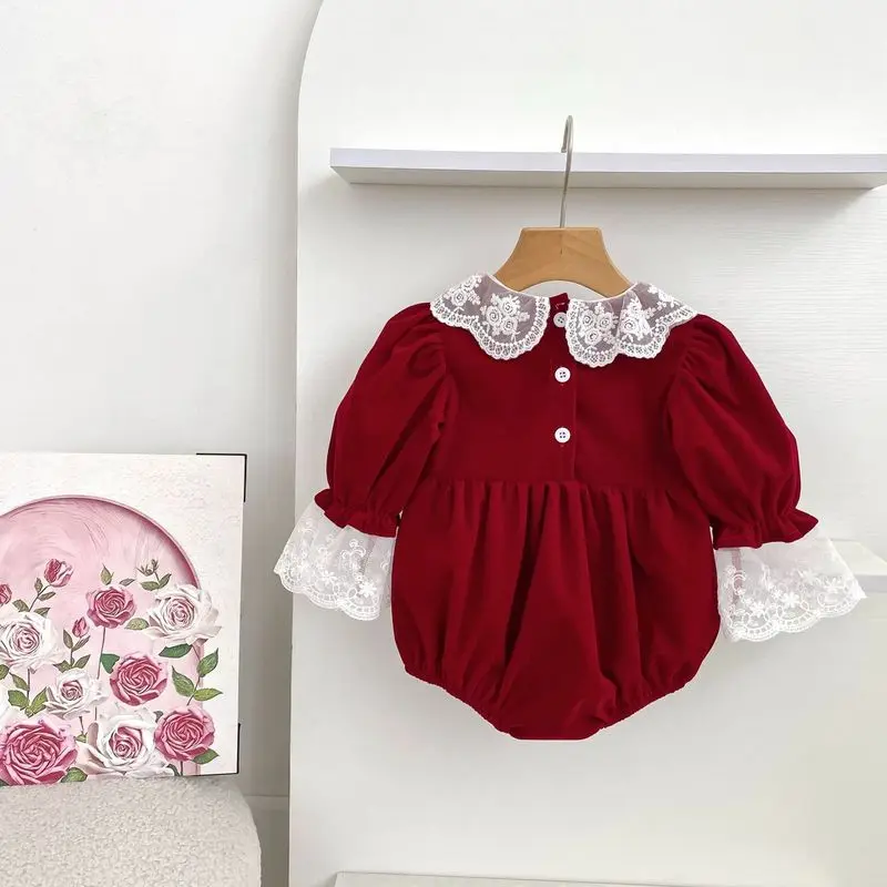 Baby Girls Red Lace Romper Long Sleeve Vintage Bodysuit Princess Outfit Spring Autumn