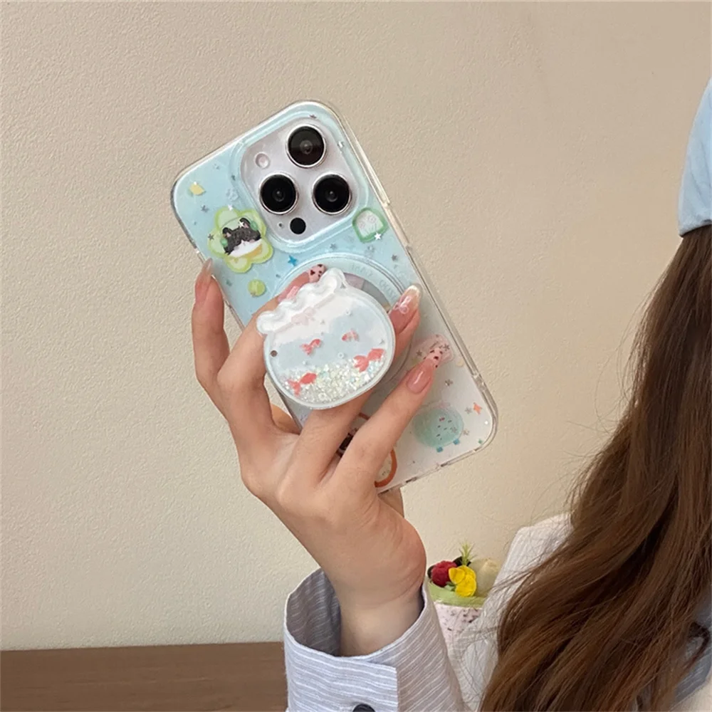 

Luxury Fashion Glitter magnetic stand phone case for iPhone 16 15 14 13 Pro Max cover cute cartoon kitten new protective cover