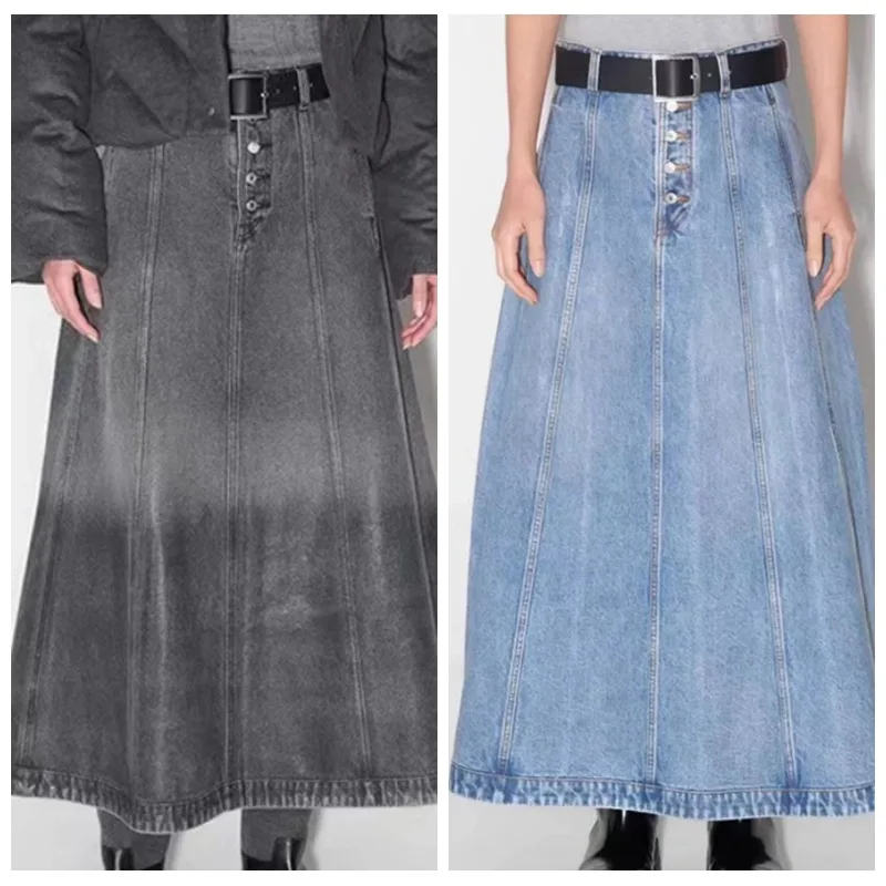 

Withered Skirt Woman Clothing Faldas Skirts A Niche Design Retro Denim Long Body A-line Skirt