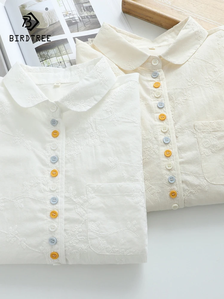 

New 2025 Autumn Cotton Long Sleeve Shirt, Women Turn-down Collar Embroidery, Mori Girl Sweet Age Reduction Loose Blouse T59123CC