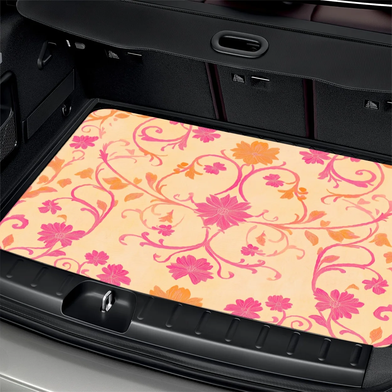 Fit Pink & Golden Floral Trunk Mat - Heavy-Duty All-Weather Car Cargo Liner, Durable Auto Trunk With Stylish Black-to-Pink/Peach