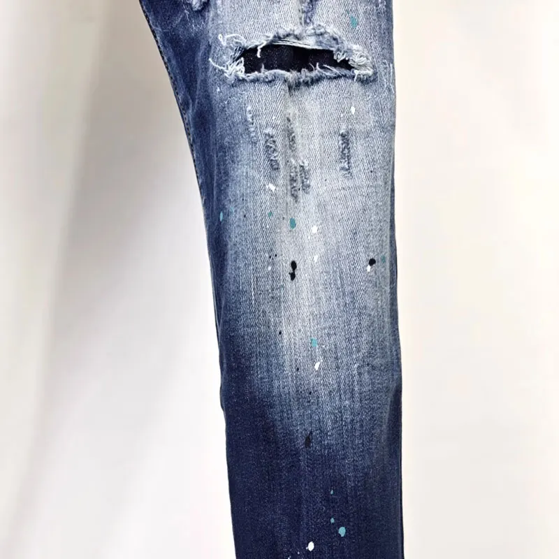 Men Blue Vintage Washed Striped Ripped Splash Ink Stretch Slim Skinny Jeans Mid Waist Hip Hop Streetwear Denim Jeanshombre