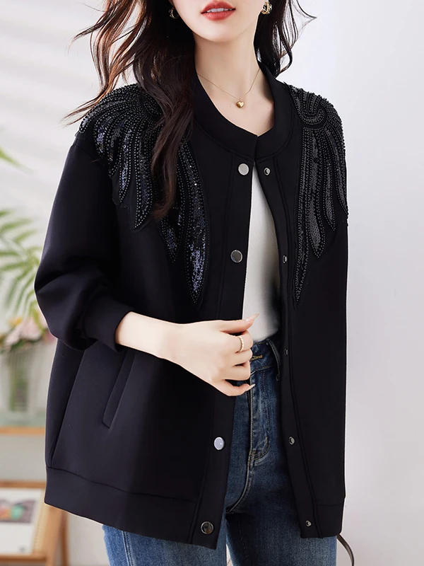 

plus Size Women's Faion Sequin Patchwork Bla Jaet Casual Autumn Winter Baseball Sle Clothing New 2025 Big Size Ladies...