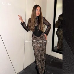 Qanz Sexy Lace Evening Dresses Mermaid Skin Tone Lining Long Sleeves Party Dresses Slit Bespoke Occasion Dresses 2025 Customized