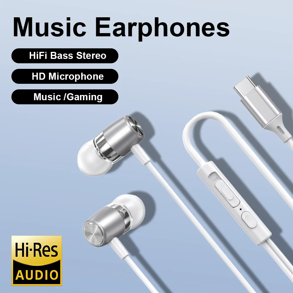 Wired Headphones Type C 3.5mm With Microphone Metal Earphones HiFi Surround Sound in-Ear Music Headset For Samsung Galaxy iPhone