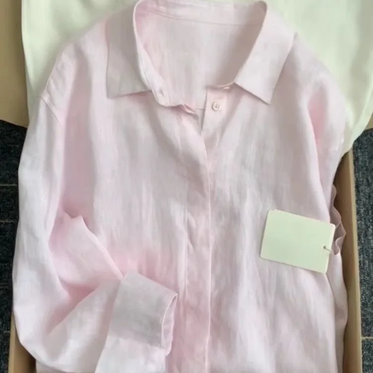 Light Pink Cotton Linen Shirt Jacket Women's Lazy Style Collar Linen Shirt Thin Loose Top Breathable Comfortable Summer ...