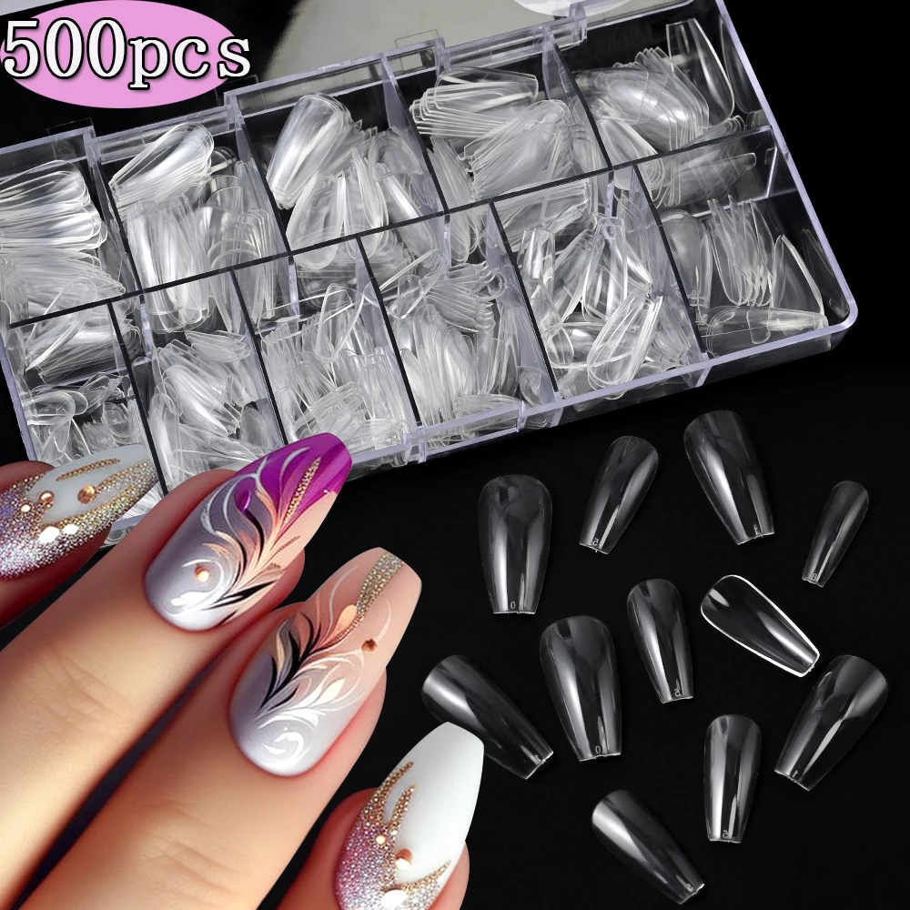 500 Teile/schachtel Klare Natürliche Trapez Drücken Sie auf Künstliche Nägel Mittel Lange Ballerina Volle Abdeckung Falsche Nagel Tipps 10 Größen Acryl Nägel