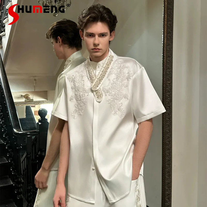 

Men's 2026 Summer New Stand Collar Embroidered Shirts Men's Short-sleeve Beaded Satin Shirts Male Handsome Unique Trendy Tops