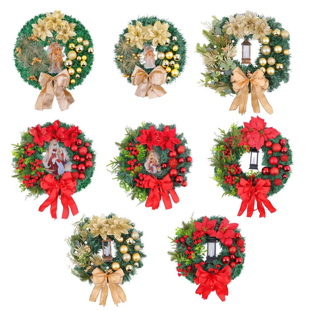 

Christmas Wreath With Lamp Bow Ball Big Red Flower Party Wall Door Window Fireplace Staircase Balcony Garden Xmas Wreath