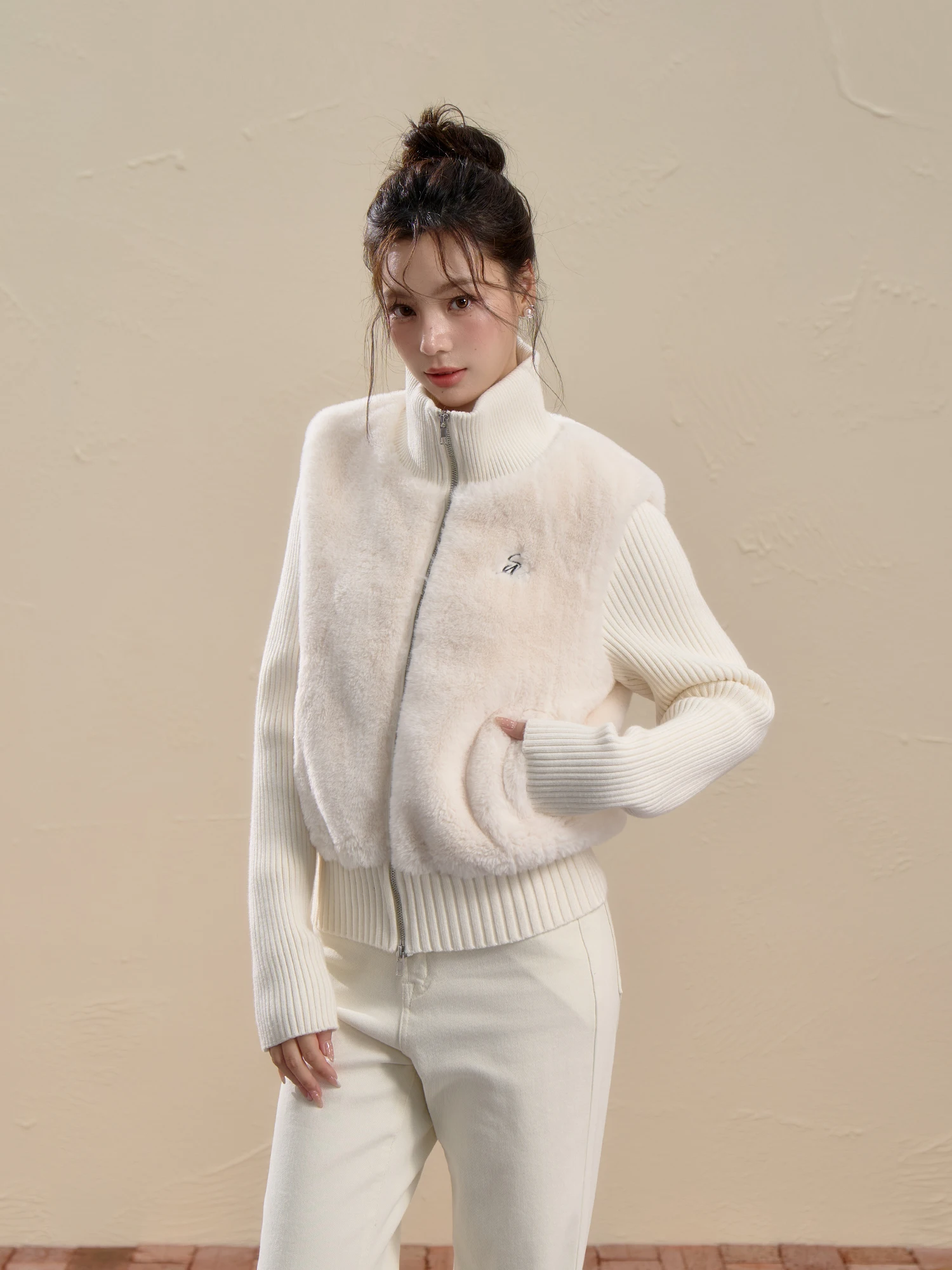 

Soft Cozy Double Zipper Knitted Sweater Women's Sle Stand Collar Korean System White Autumn Winter Furry Splice Open Cardig...