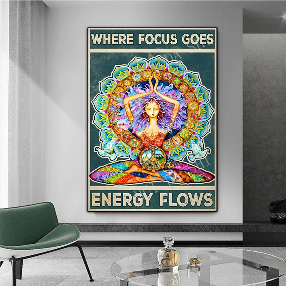 

Retro Yoga Women Canvas Painting Where Focus Goes Energy Flows Wall Art Poster Girl Bedroom Home Decor Yoga Art HD Print Picture