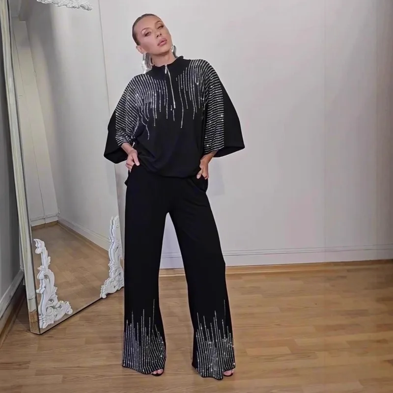 Pant Set Women Two Piece Sets Mock Neck Tops Three Quarter Sleeve Zipper Hot Drilling Wide Leg Long Pants Y2k Streetwear 2026