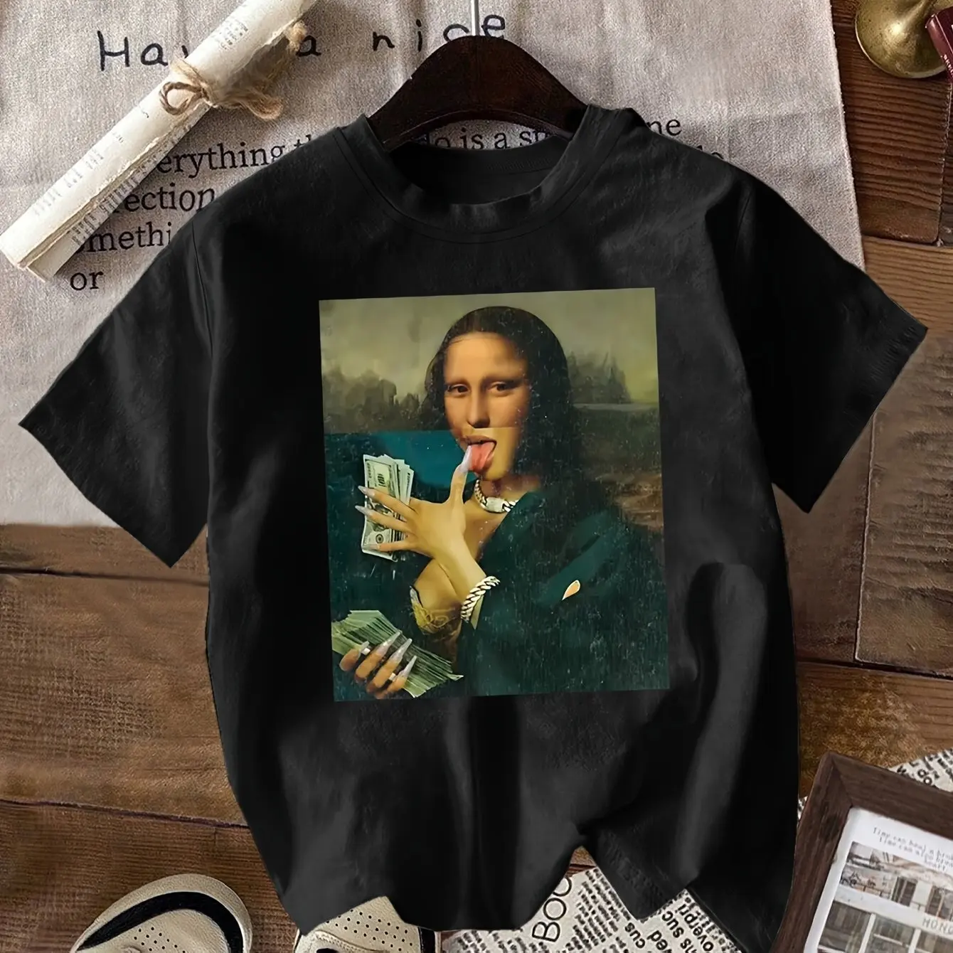 Camiseta gráfica negra humorística de Mona Lisa Money Bills para hombres y mujeres - Camiseta casual de manga corta con diseño de arte abstracto