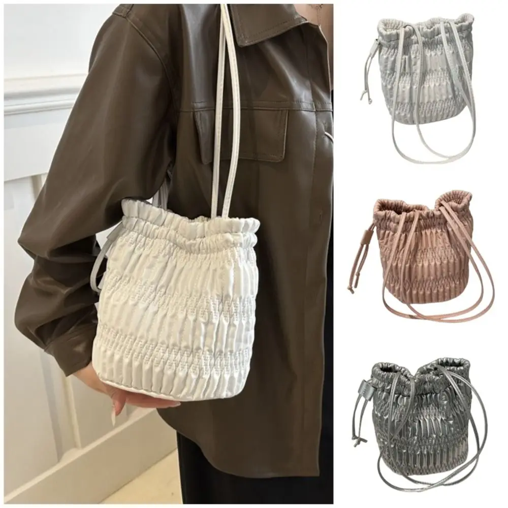 

Fashion Korean Style Pleated Bucket Bag Texture PU Leather Pleated Shoulder Bag Elegant Casual Drawstring Handbags Women