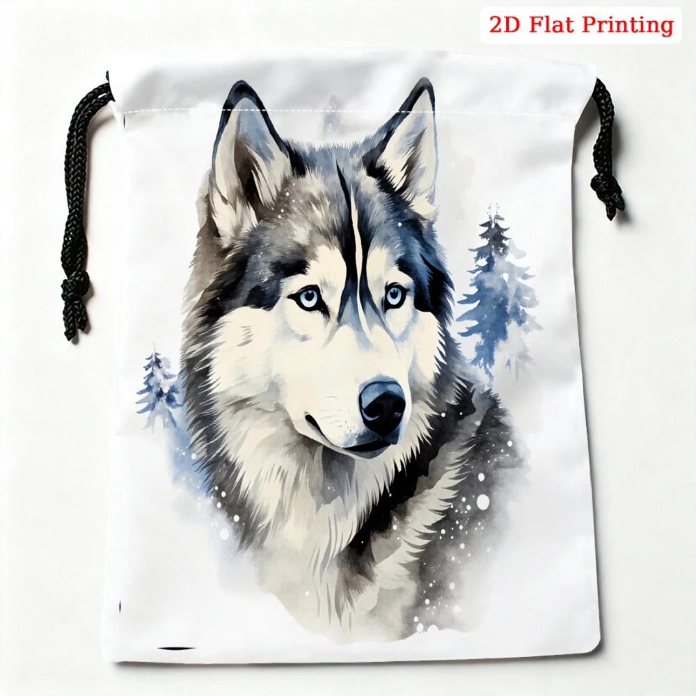 1pc Fashion Drawstring Bag White Wolf Print Storage Small Pouch Travel Organizer For Women Men Portable Dustproof Accessory Sack