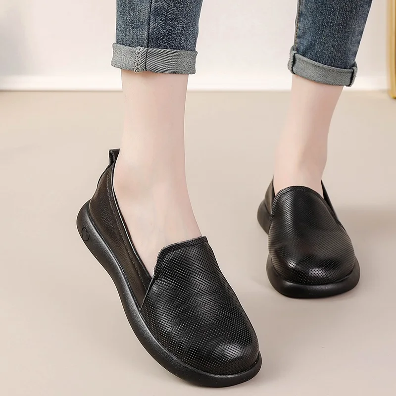 DRKANOL Women Genuine Leather Loafers Slip On Casual Flat Shoes Ladies Round Toe Comfort Soft Wide Head Comfort Loafers Footwear