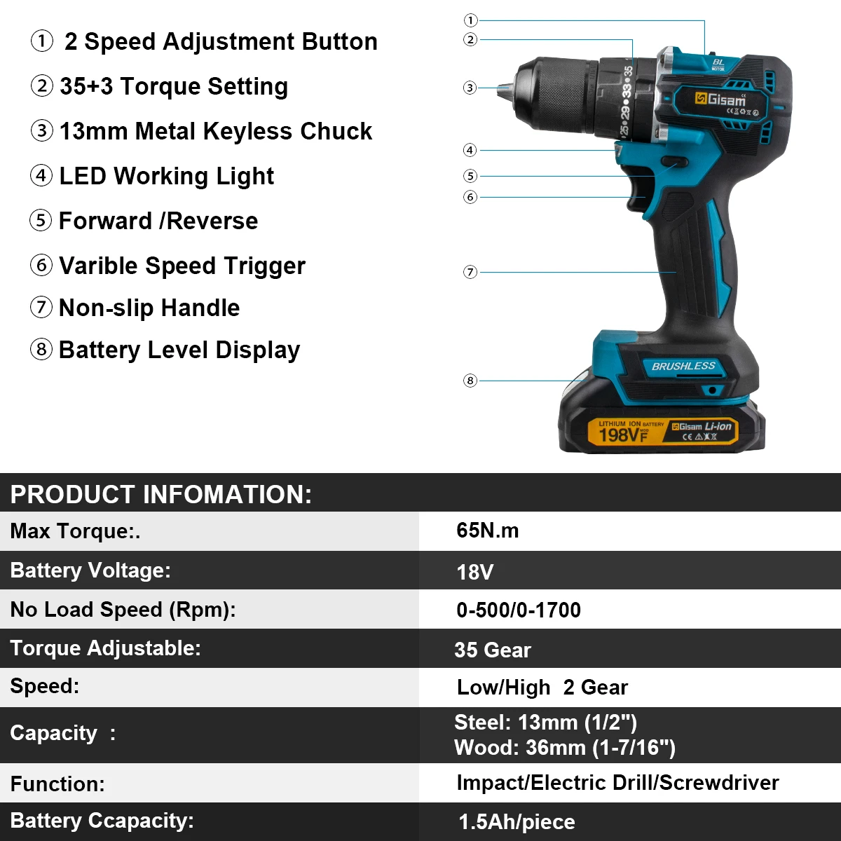 Gisam 65N.m 13MM 35+3 Torque Brushless Electric Impact Drill Cordless Electric Screwdriver DIY Power Tool For Makita 18V Battery