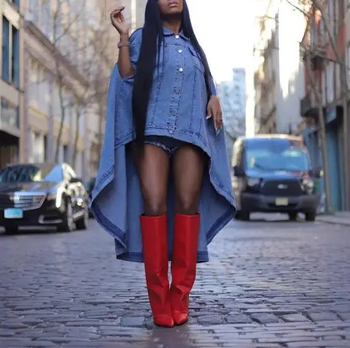 

Autumn New Style Lapel Button Front Batwing Sleeve Loose Trailing Denim Jacket for Women's Trendy High Street Style Denim Jacket