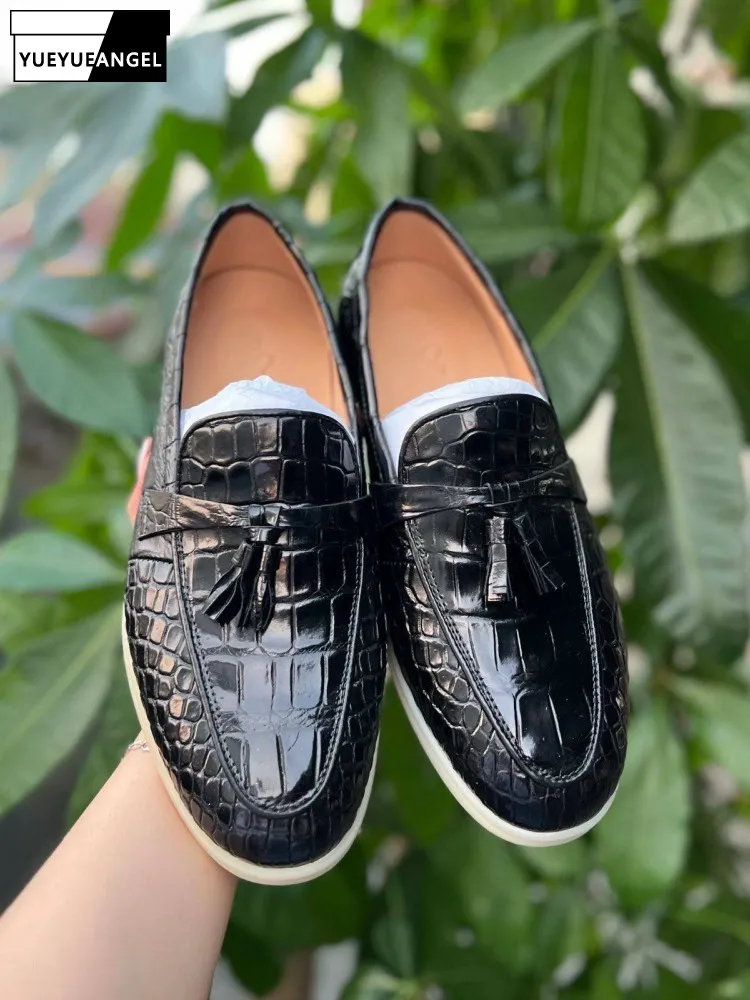 Italian Handmade Real Crocodile Leather Shoes Men Business Work Casual Shoes Vintage Tassels Slip On Loafers Driving Shoes 44