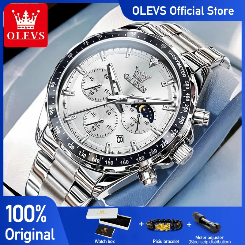 

OLEVS 2945 Watches For Men Original Fashion Quartz Wristwatch Waterproof Luminous Moon Phase Date Chronograph New Reloj Hombre