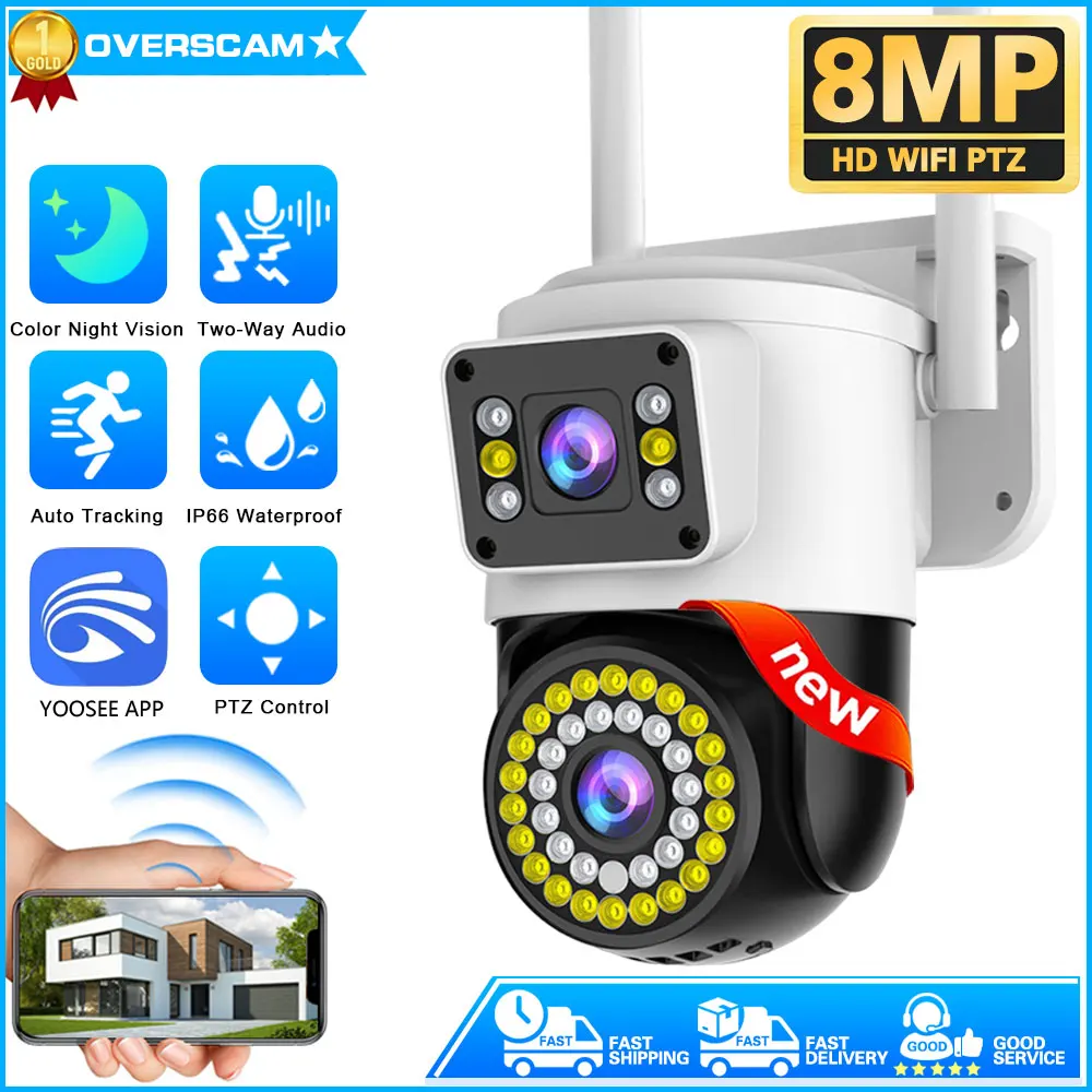 YOON2-Caméra de surveillance IP PTZ WiFi HD 8MP/4K, dispositif de sécurité sans fil, avec vision nocturne, suivi automatique et audio bidirectionnel