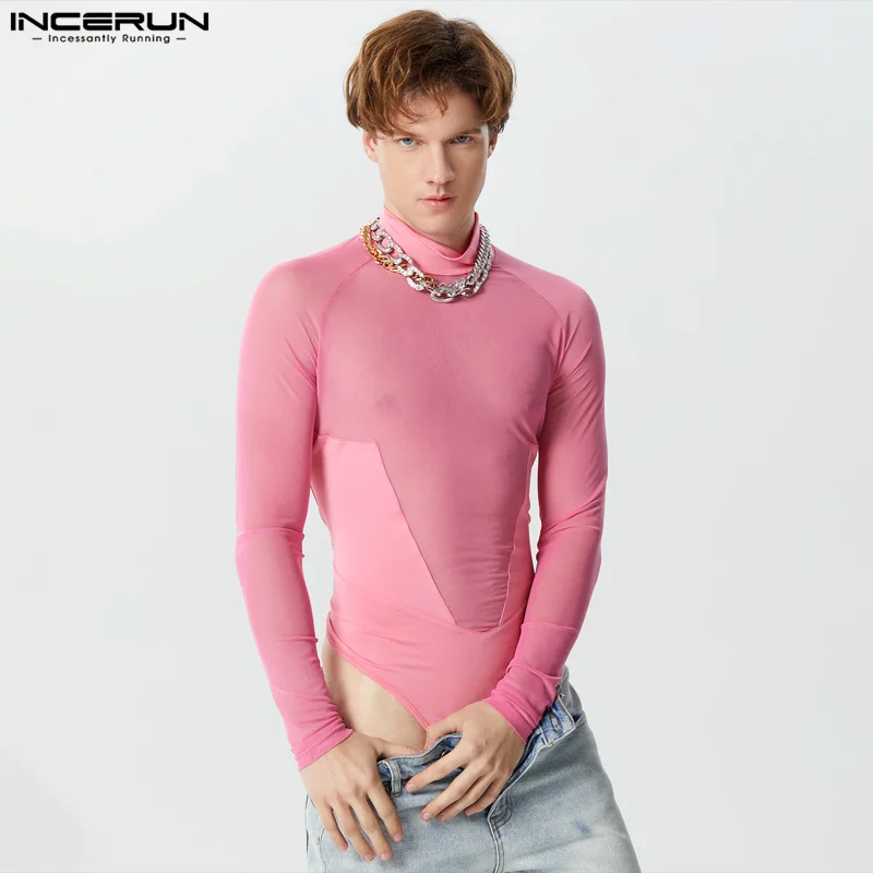 INCERUN 2023 Sexy Mens Homewear Mesh Splicing Perspective Jumpsuits Fashion Half High Neck Triangle Long Sleeved Bodysuits S-5XL