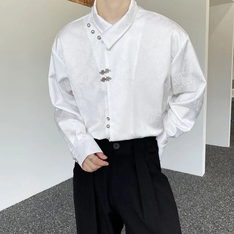 

Early Autumn Retro Chinese Style Long Sleeve Shirt Men's Elegant Satin Floral Embroidery Metal Button Stand Collar Loose Fit