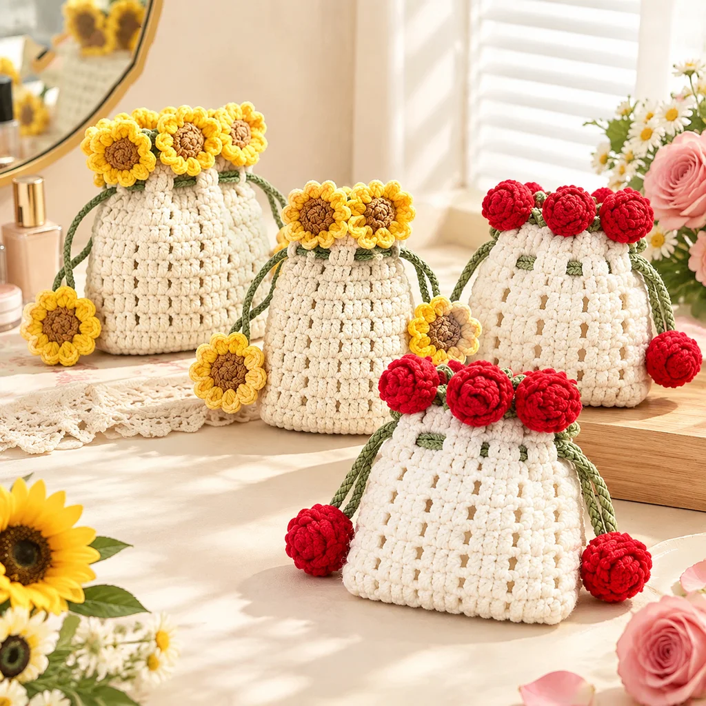 Rose Flower Crochet Makeup Storage Bag Cute Floral Knit Cosmetic Mini Drawstring Bag Keys Coin Purse For Women