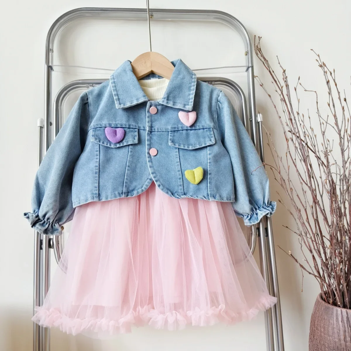 Spring Autumn Girls\' dresses Set: Infant Toddler Mesh Butterfly Bow Dress + Denim Lapel Jacket 2-Piece Ensemble