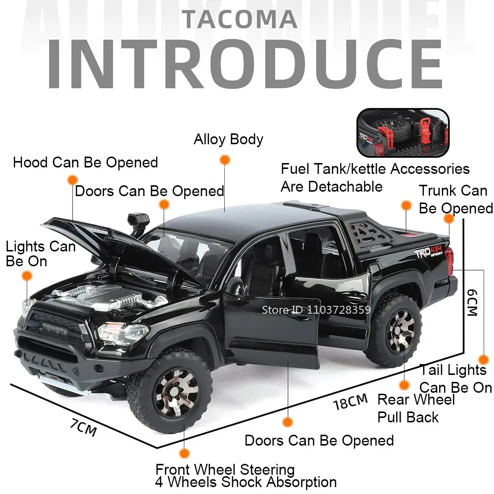 1:32 Tacoma Tundra Pickup Model Speelgoedauto's Legering Diecast Geluid Licht Deuren Geopend Trek Mini Terreinvoertuigen Ornament Modellen
