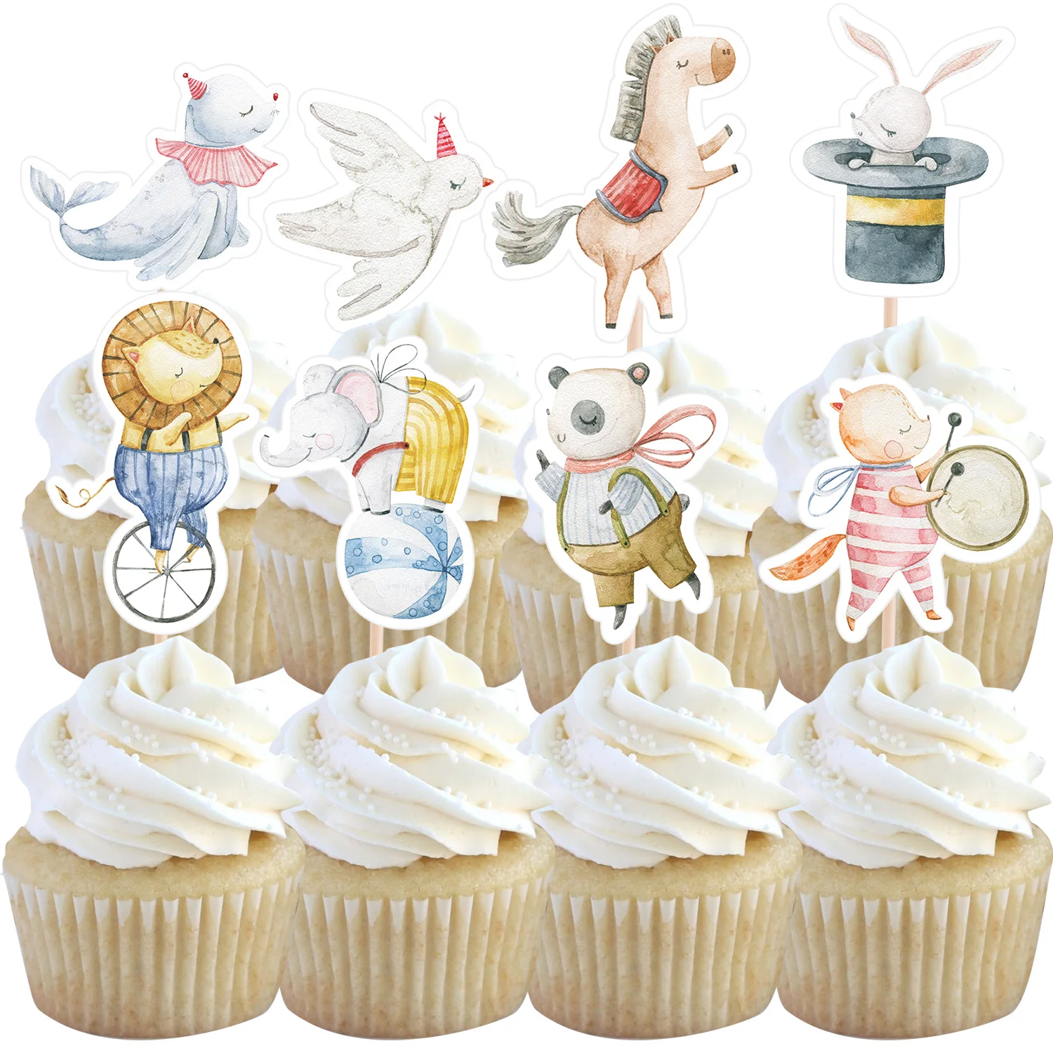 24 Uds. Adorno para cupcakes de animales de circo, adornos de elefante y León de dibujos animados con palo de bambú para decoración de pasteles DIY para fiesta de cumpleaños de circo