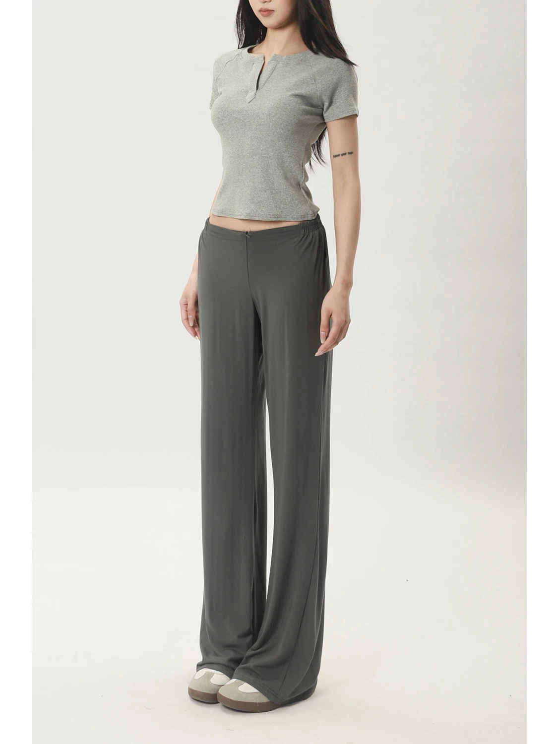 슬림 와이드 레그 팬츠 편안한 V 허리 지퍼 캐주얼 홈 요가 팬츠 여성용 봄 코튼 스트레이트 레그 바지