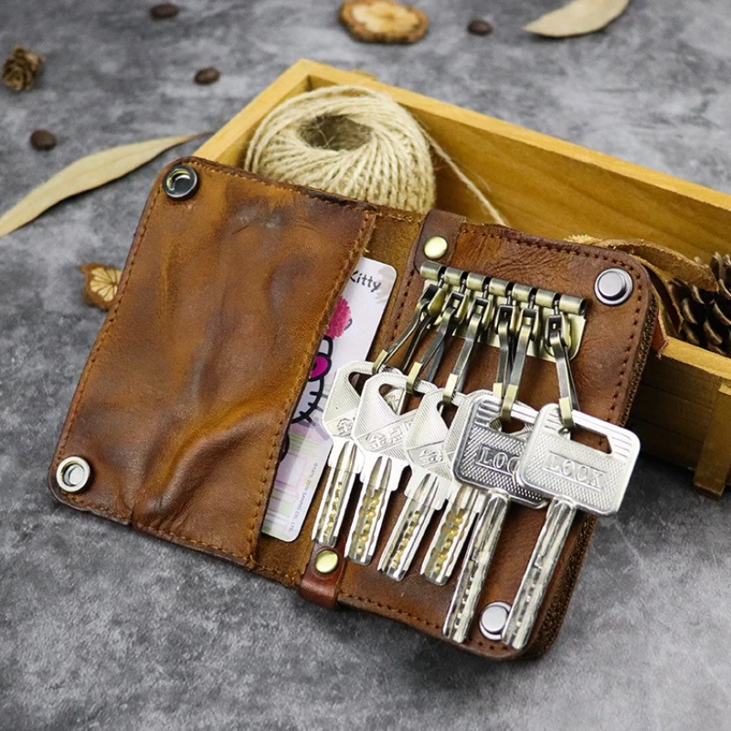 Vintage Key Wallet For Men Handmade Genuine Leather Smart Key Ring Zipper Coin Purse Card Slot Housekeeper Key Chain Bag