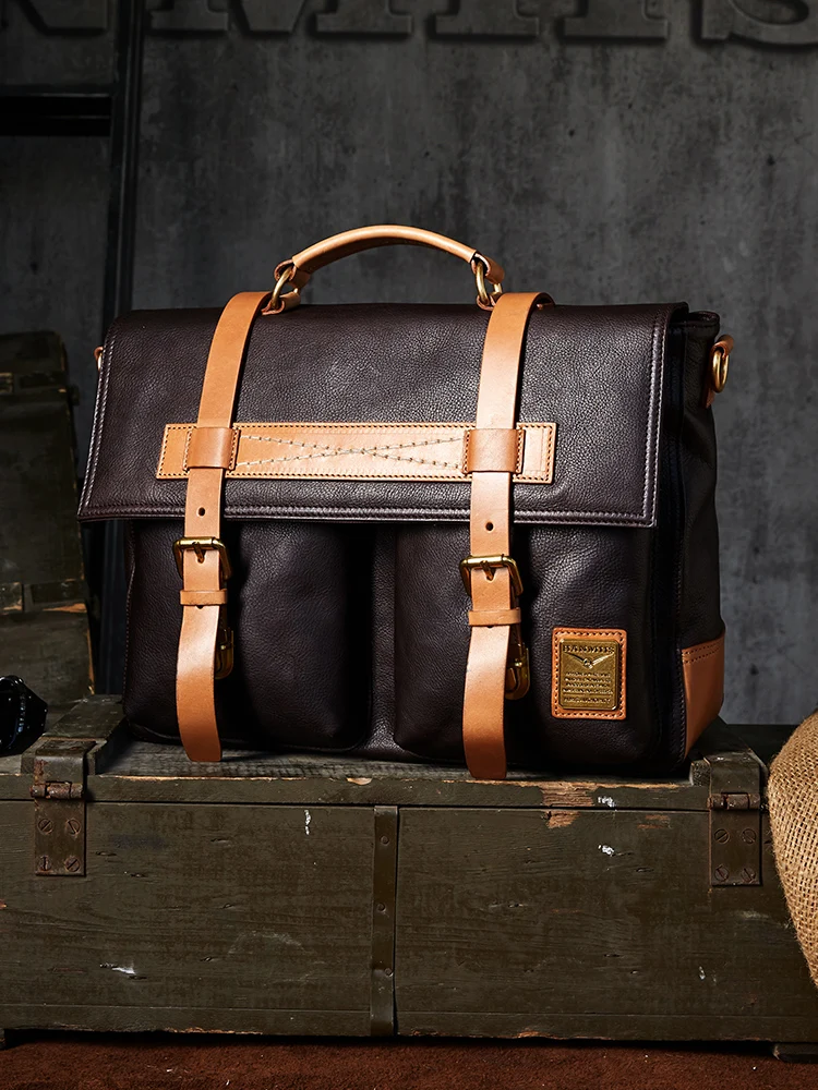 Luxury Brand Vintage Man Fine Grain Cognac Leather Business Satchels Bag Men\'s Messenger Crossbody Handbag Shoulder Male Big Bag