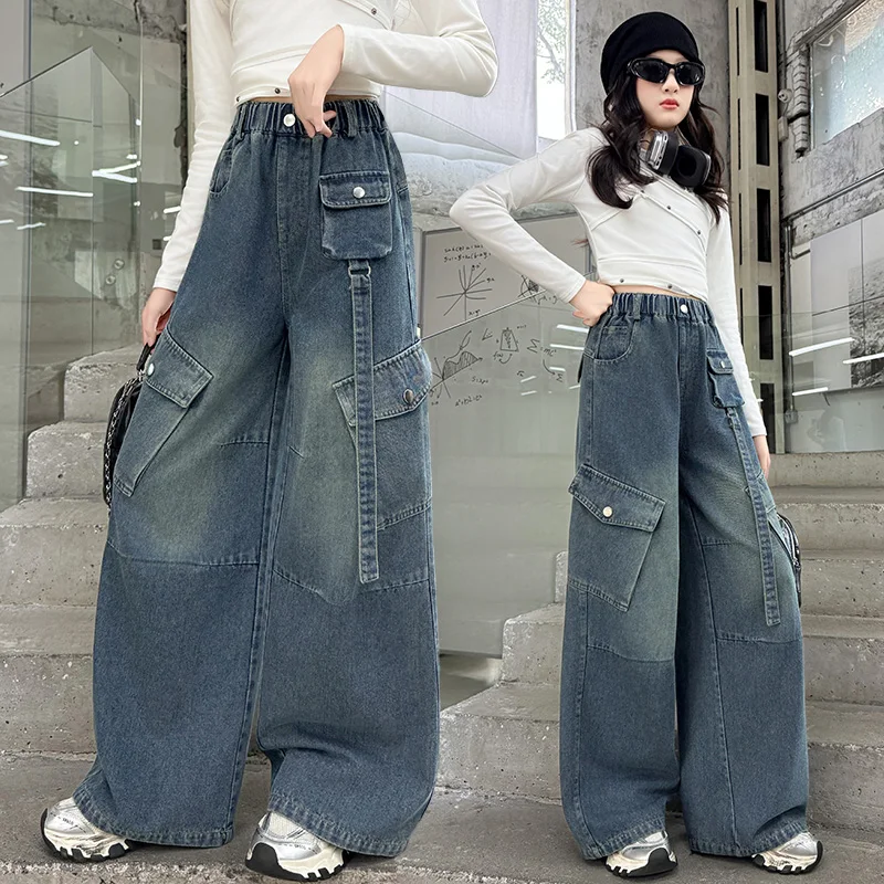 طفل الشارع الشهير موضة خمر البضائع الجينز واسعة الساق مستقيم الدينيم السراويل الإناث الاطفال y2k جديد البوب Harajuku فتاة بناطيل كاجوال #2
