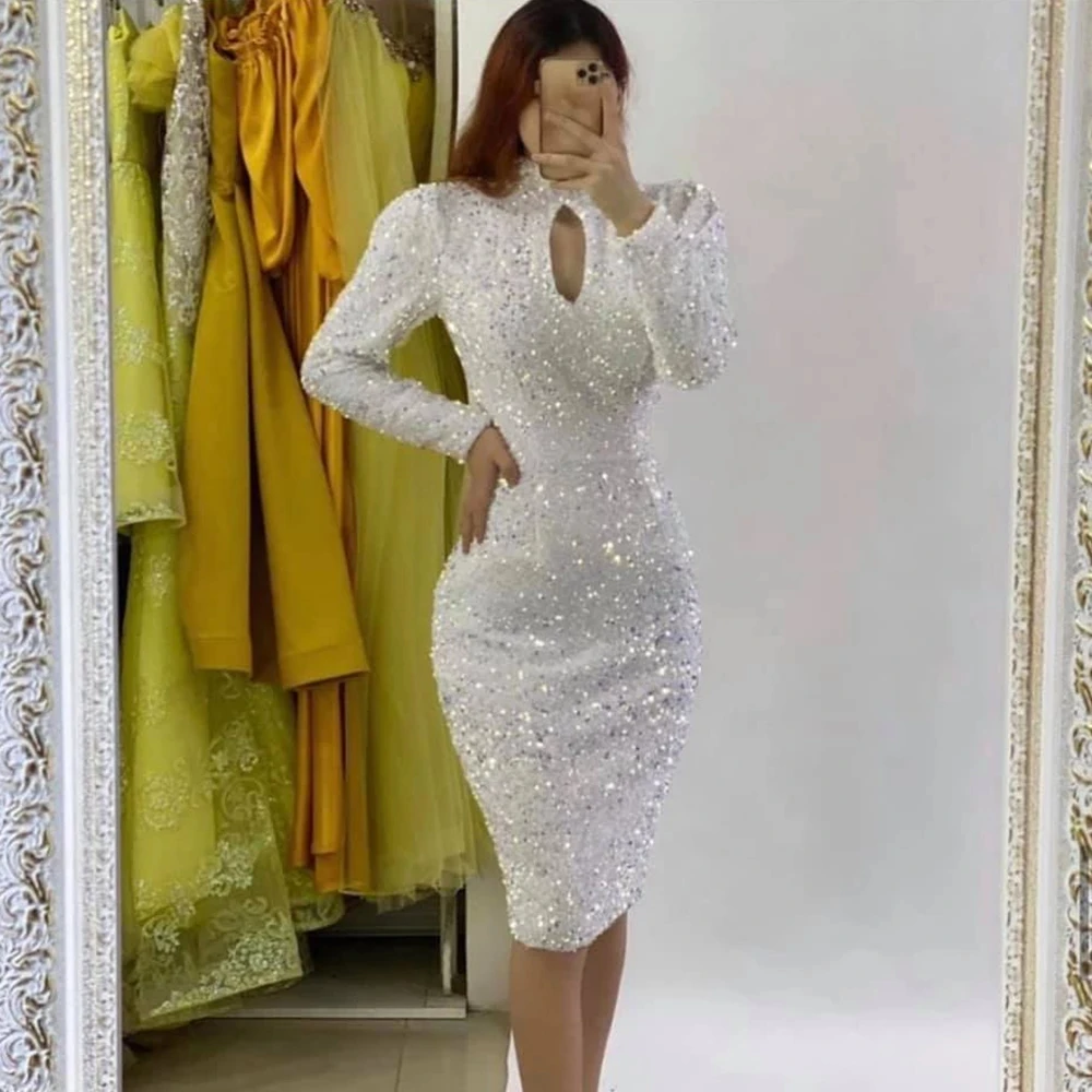 

Shinny White Sequins Evening Dresses Sheath High Neck Long Sleeves Short Knee Length 2025 Night Party Gown Women Formal Maxi