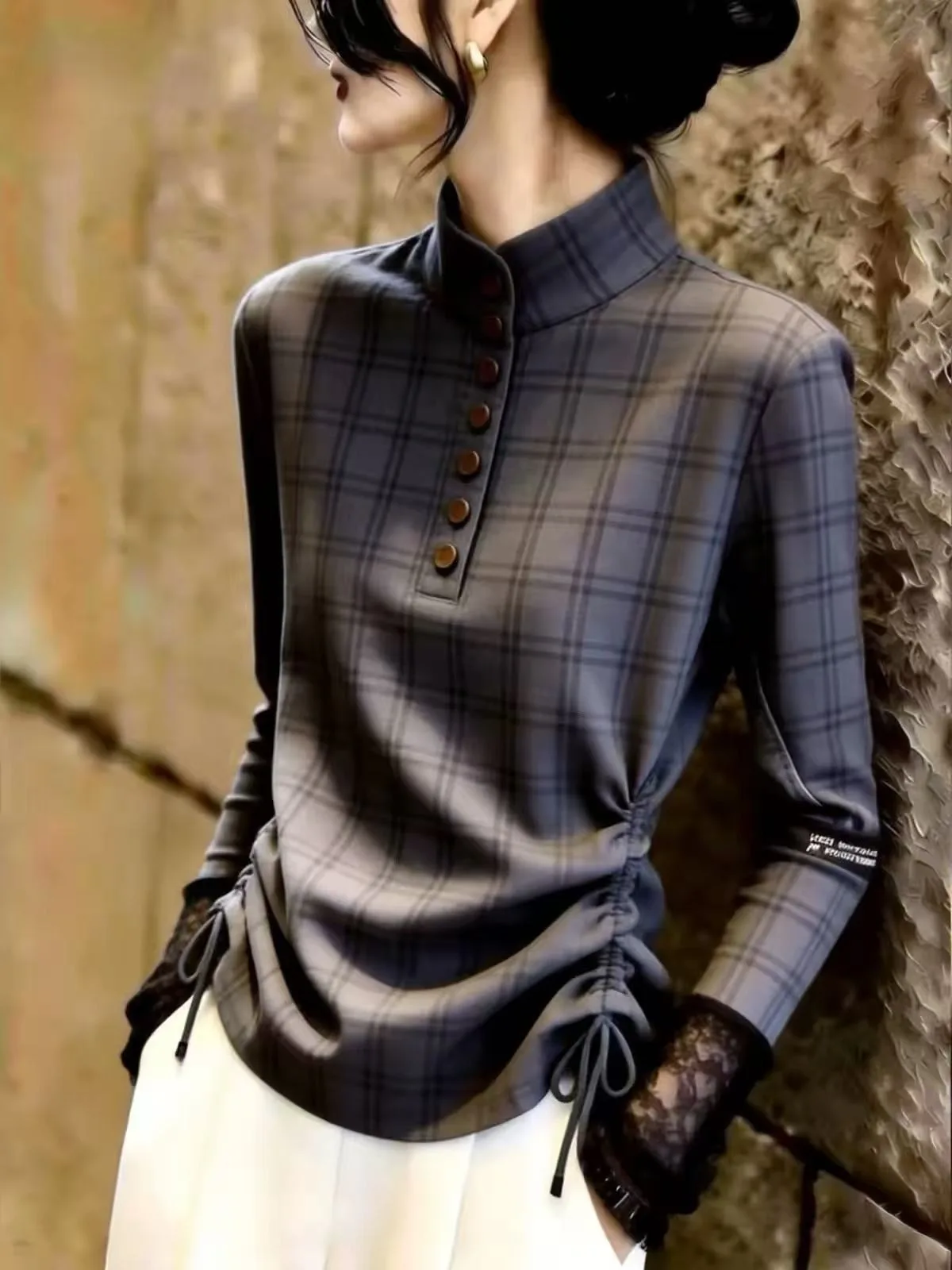 Elegant Plaid Stand Collar Long Sleeve Women's Shirt Waist Cinching Commute Style Fashionable Button up Top Korean Version
